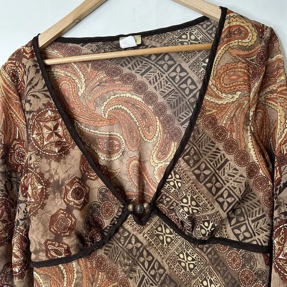 90s Y2K Vtg Talent Top 1XL Paisley Boho Fairy Grunge Whimsigoth Sheer V neck - Picture 3 of 12